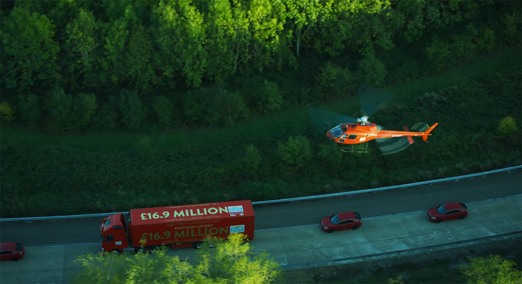 G-Fest red helicopter and postcode lottery lorry aerial shot